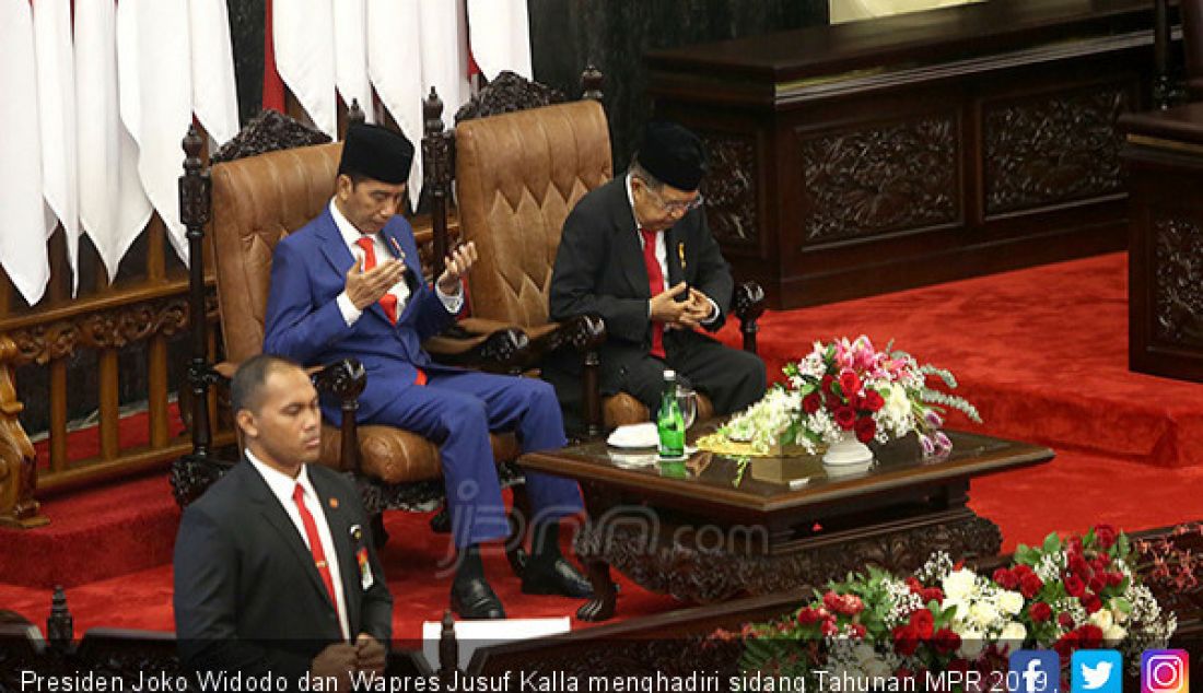 Presiden Joko Widodo dan Wapres Jusuf Kalla menghadiri sidang Tahunan MPR 2019, Jakarta, Jumat (16/8). - JPNN.com