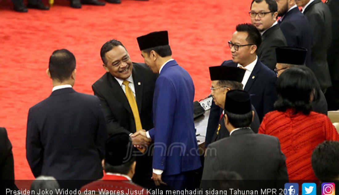 Presiden Joko Widodo dan Wapres Jusuf Kalla menghadiri sidang Tahunan MPR 2019, Jakarta, Jumat (16/8). - JPNN.com