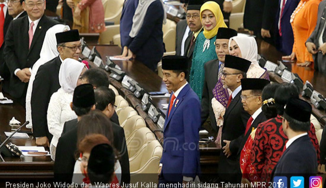 Presiden Joko Widodo dan Wapres Jusuf Kalla menghadiri sidang Tahunan MPR 2019, Jakarta, Jumat (16/8). - JPNN.com