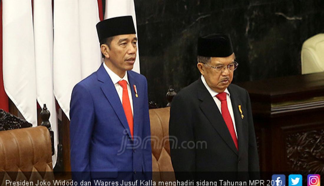 Presiden Joko Widodo dan Wapres Jusuf Kalla menghadiri sidang Tahunan MPR 2019, Jakarta, Jumat (16/8). - JPNN.com