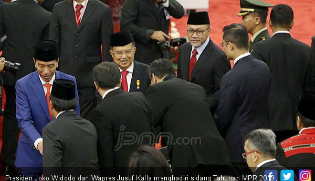 Presiden Joko Widodo dan Wapres Jusuf Kalla menghadiri sidang Tahunan MPR 2019, Jakarta, Jumat (16/8). - JPNN.com