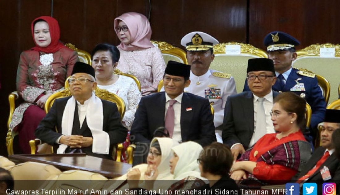 Cawapres Terpilih Ma'ruf Amin dan Sandiaga Uno menghadiri Sidang Tahunan MPR 2019, Jakarta, Jumat (16/8). - JPNN.com