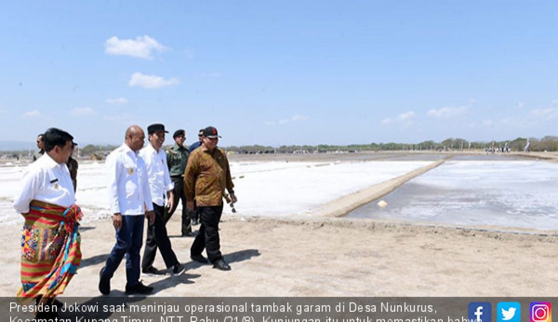 Presiden Jokowi saat meninjau operasional tambak garam di Desa Nunkurus, Kecamatan Kupang Timur, NTT, Rabu (21/8). Kunjungan itu untuk memastikan bahwa tambak garam di yang ada di sana sudah mulai berproduksi. - JPNN.com