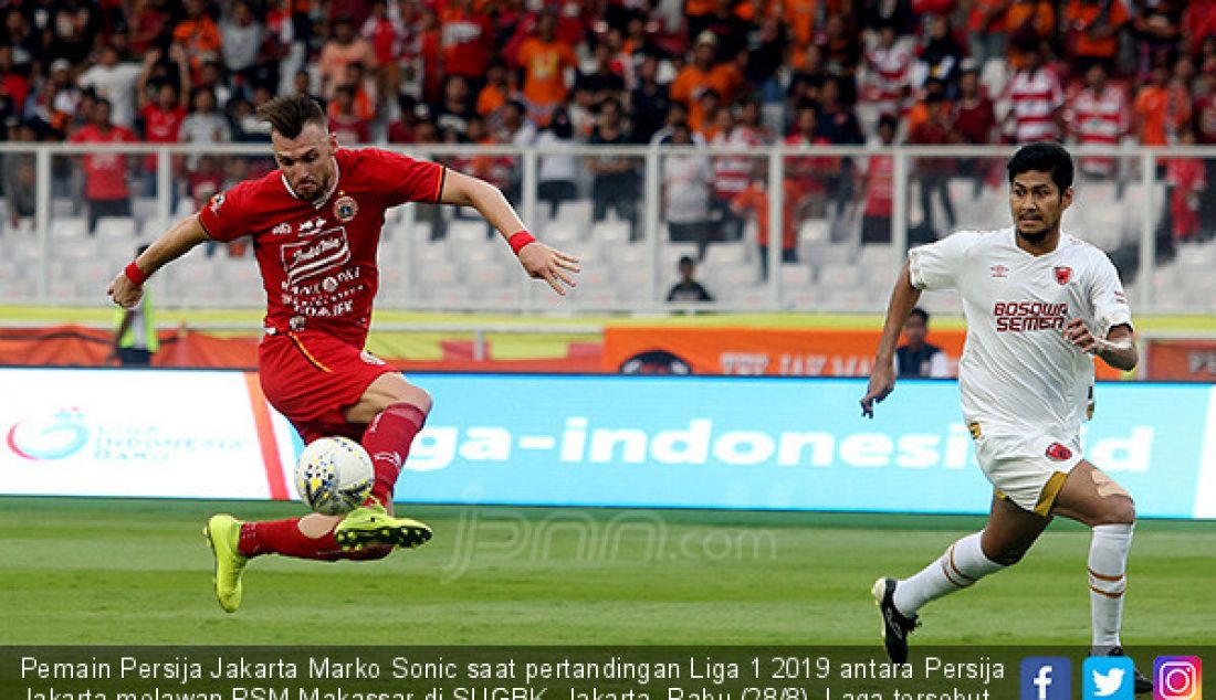 Pemain Persija Jakarta Marko Sonic saat pertandingan Liga 1 2019 antara Persija Jakarta melawan PSM Makassar di SUGBK, Jakarta, Rabu (28/8). Laga tersebut berakhir 0-0. - JPNN.com