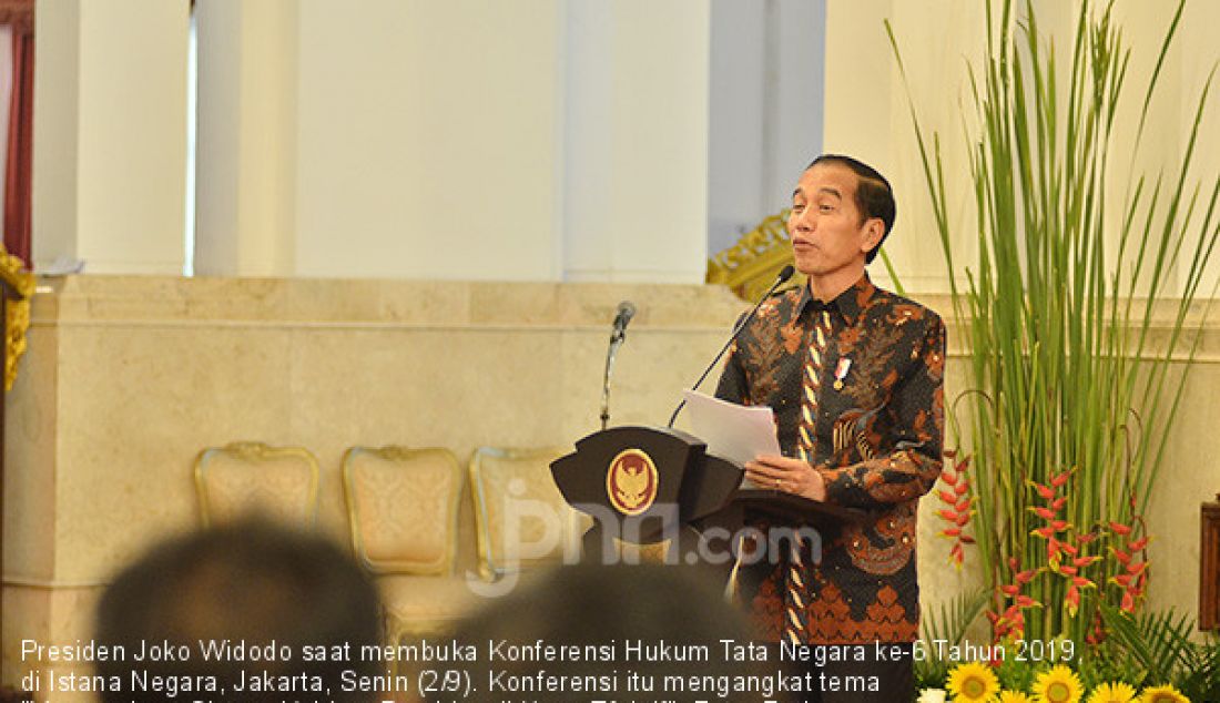 Presiden Joko Widodo saat membuka Konferensi Hukum Tata Negara ke-6 Tahun 2019, di Istana Negara, Jakarta, Senin (2/9). Konferensi itu mengangkat tema 