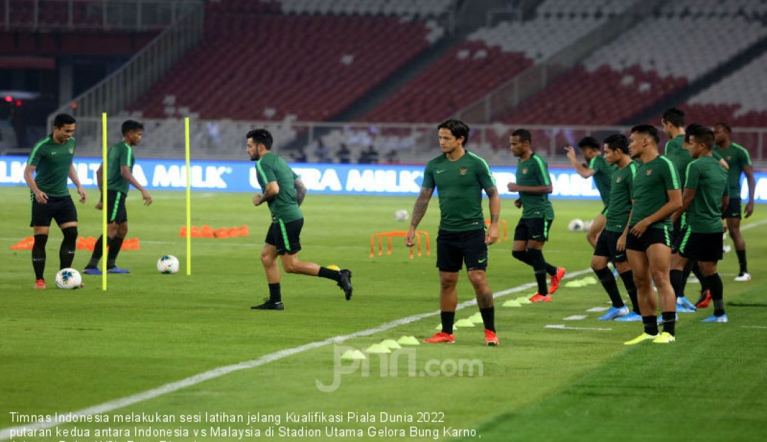 Timnas Indonesia melakukan sesi latihan jelang Kualifikasi Piala Dunia 2022 putaran kedua antara Indonesia vs Malaysia di Stadion Utama Gelora Bung Karno, Jakarta, Rabu (4/9). - JPNN.com