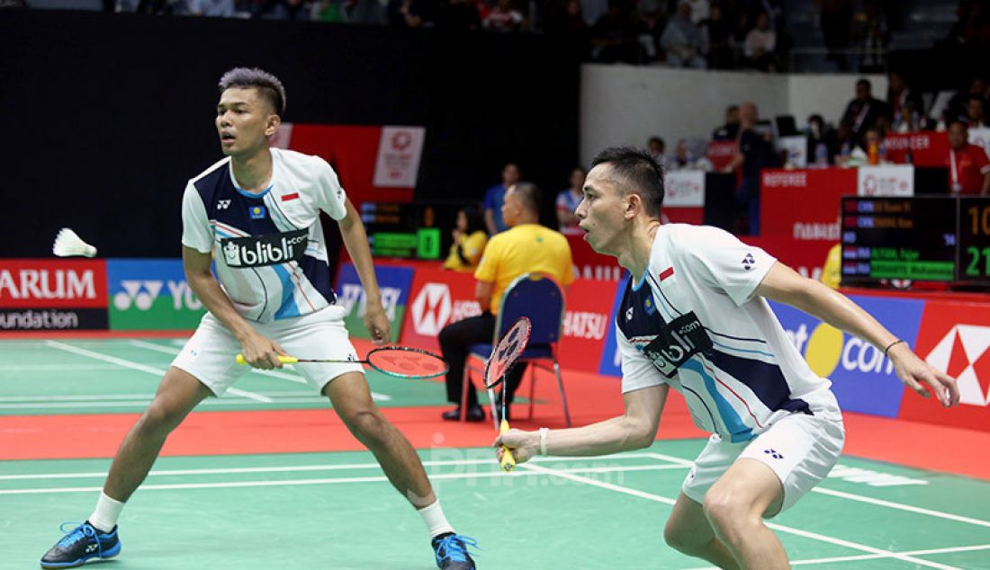 Ganda putra Indonesia Fajar Alfian dan Muhammad Rian Ardianto saat bertanding pada turnamen Indonesia Masters 2020, Jakarta, Kamis (16/1). Alfian dan Ardianto menang atas lawannya dengan skor 21-10, 12-21dan 21-19. - JPNN.com