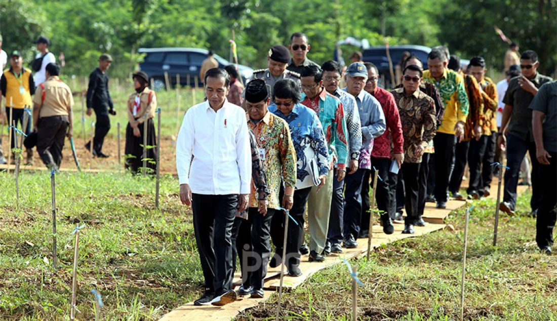 Presiden Joko Widodo menyambangi lokasi penanaman pohon di area Hutan Kota Tropis, Sabtu (8/2). Penanaman pohon dilakukan pada peringatan Hari Pers Nasional 2020 di Kalsel. - JPNN.com