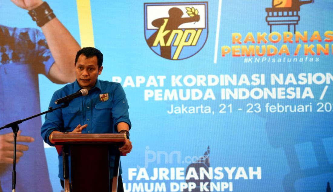 Ketua Umum DPP KNPI Noer Fajrieansyah. memberikan pidato saat pembukaan Rakornas KNPI di Jakarta, Jumat (21/2). Rakornas yang akan berlangsung selama dua hari tersebut tema 