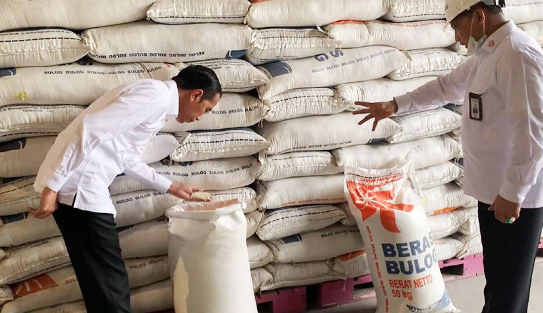 Presiden Joko Widodo saat meninjau Gudang Bulog di Kelapa Gading, Jakarta, Rabu (18/3). Peninjauan itu dalam rangka memeriksa ketersediaan bahan pangan, terutama beras. - JPNN.com