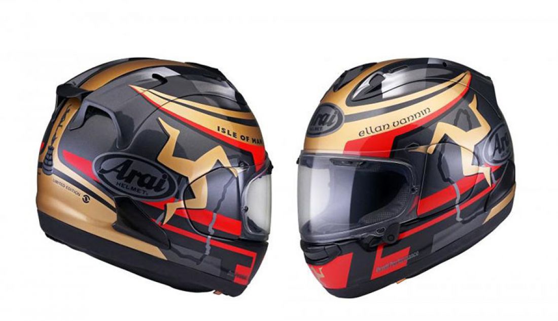 Produsen helm asal Jepang, Arai kembali meluncurkan RX-7 series terbaru dari Isle of Man TT. Keluar dalam edisi terbatas, helm ini dibanderol dengan harga Rp 16 jutaan. - JPNN.com
