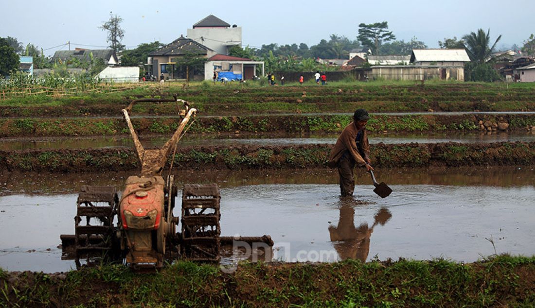 Petani membajak sawah menggunakan traktor di daerah Kampung Sawah, Ciomas, Bogor, Sabtu (18/7). Pemerintah dorong produksi pertanian untuk menghadapi masa krisis selanjutnya setelah wabah pandemi corona ini berakhir. - JPNN.com