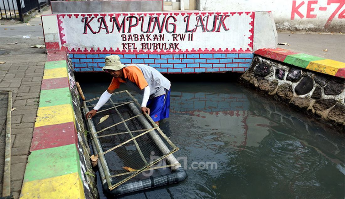 Warga memasang jaring di selokan Kampung Lauk Babakan, Kelurahan Bubulak, Kota Bogor, Rabu (5/8). Kampung tersebut merubah selokan yang dipenuhi sampah menjadi tempat untuk budidaya ikan dan sayur-sayuran agar dapat dimanfaatkan. - JPNN.com