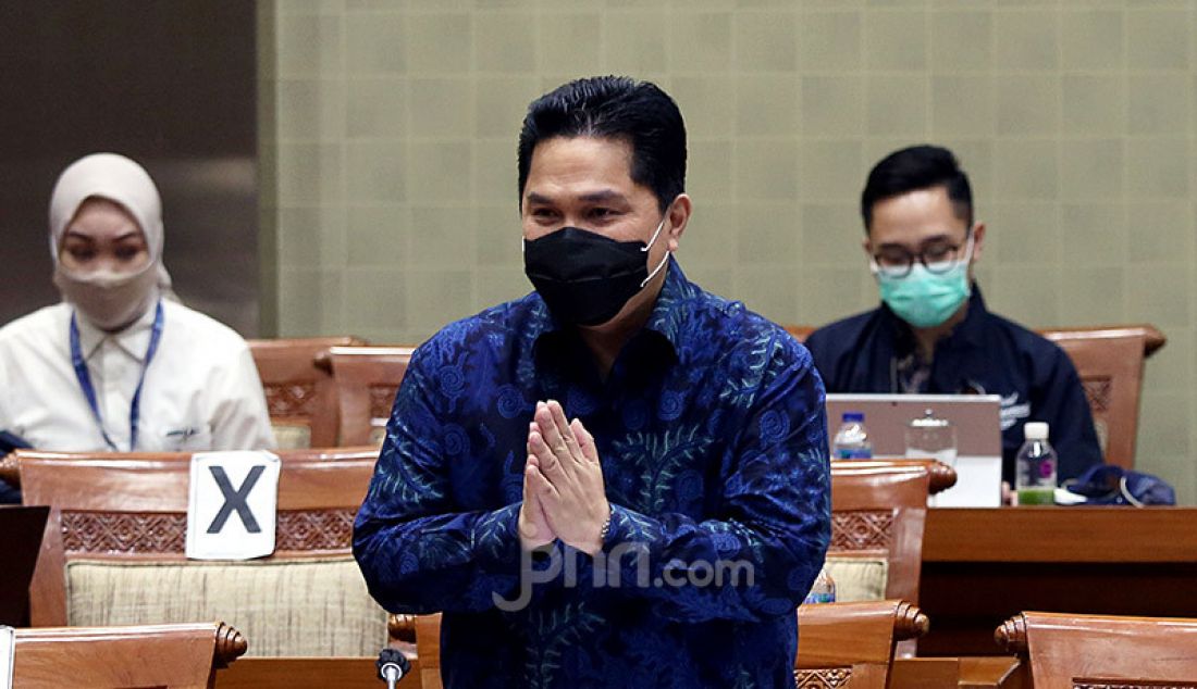 Ketua Pelaksana Komite Penanganan Covid-19 dan Pemulihan Ekonomi Nasional (PEN) Erick Thohir mengikuti rapat kerja dengan Komisi IX DPR, Jakarta, Kamis (27/8). Rapat ini membahas tentang efektifitas pengorganisasian dan penganggaran dalam penanganan Covid-19. - JPNN.com