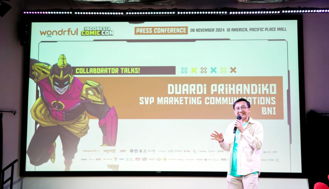 Head of Marketing Communications Division wondr by BNI Duardi Prihandiko memberikan sambutan pada acara Konferensi Pers wondrful Indonesia Comic Con 2024 di @america Pacific Place, Jakarta (6/11). - JPNN.com