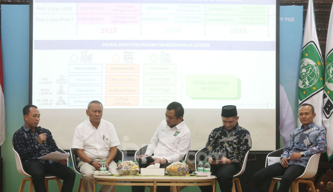 Direktur Industri Permesinan Solehan, Sekretaris Umum GAIKINDO Kukuh Kumara, Associate Professor, Teknik Mesin UI Mohammad Aditya dan Anggota Komisi VII DPR RI F PKB Kaisar Abu Hanifah menjadi pembicara pada diskusi bertema potensi pengembangan industri kendaraan bermotor berbasis baterai EV Indonesia di Kantor DPP PKB, Jakarta, Kamis (6/2). - JPNN.com