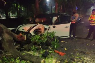Ngebut, Mini Cooper Ringsek Tabrak Pengendara Motor dan Pohon di Jalan A Yani - JPNN.com Jatim