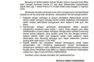 Dispendik Kota Blitar Keluarkan SE Belajar Daring Saat Arema FC Bertanding - JPNN.com Jatim