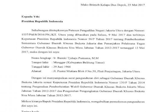 Ini Penampakan Surat Ahok Kepada Presiden Jokowi - JPNN.COM