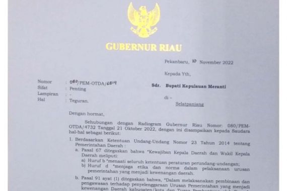 Merasa Dilecehkan Bupati Meranti, Gubernur Riau Kirim Surat Teguran, Begini Kalimatnya - JPNN.COM