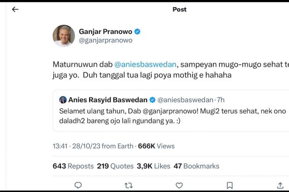 Selamat Ultah, Dab Ganjar Pranowo! Anies Sampaikan Tahniah Pakai Basa Walikan Jogja - JPNN.COM