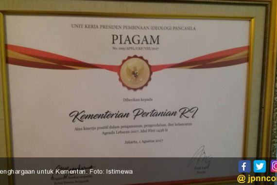 Selamat! Kementan Raih Penghargaan Apresiasi Prestasi Lebaran 2017 - JPNN.COM