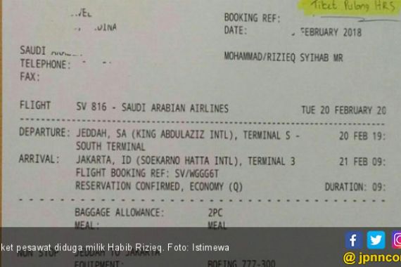 Beredar Foto Tiket Pesawat Habib Rizieq ke Indonesia - JPNN.COM
