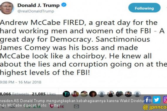 Wakil Direktur FBI Dipecat, Trump Bersorak di Twitter - JPNN.COM