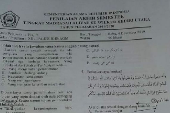 Soal Ujian untuk Madrasah Bahas tentang Khilafah, Siapa Penyusunnya? - JPNN.COM