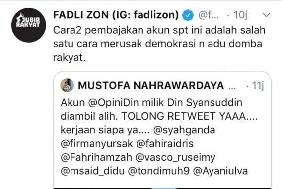 Akun Twitter Deklarator KAMI Din Syamsuddin Dibajak, Fadli Zon Bereaksi - JPNN.COM
