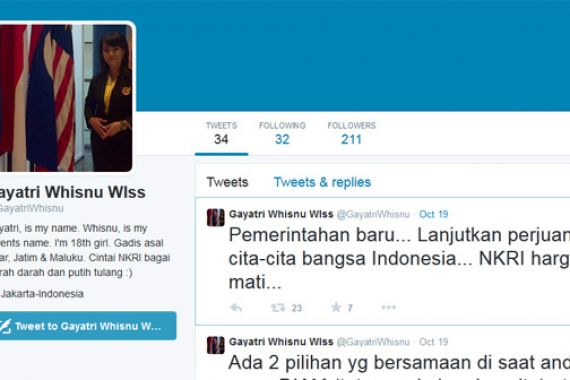 Tak Bisa Hadiri Pelantikan Jokowi-JK, Gayatri Tulis Pesan di Twitter - JPNN.COM