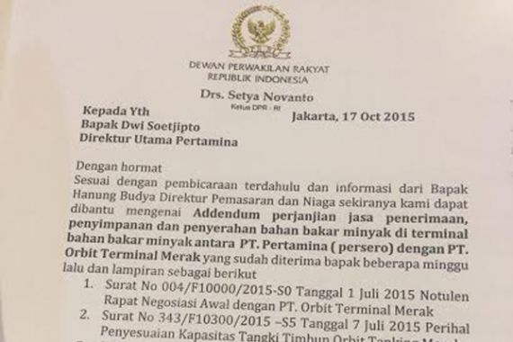 Gimana sih! Kata Pertamina Terima Surat dari Novanto, TU Ketua DPR Bilang Tidak - JPNN.COM
