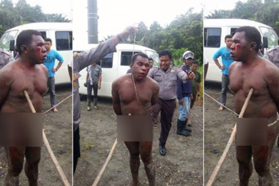 Heboh! Foto Pria Papua Ditelanjangi, Diikat, Tersiksa bersama Polisi - JPNN.COM
