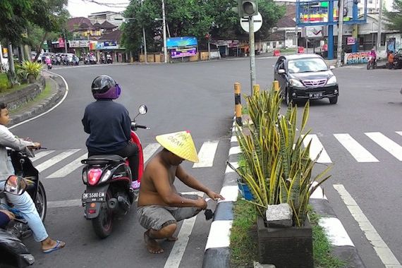 Salut, Pak Ogah Ngecat Trotoar Jalan Utama Denpasar Sendirian - JPNN.COM