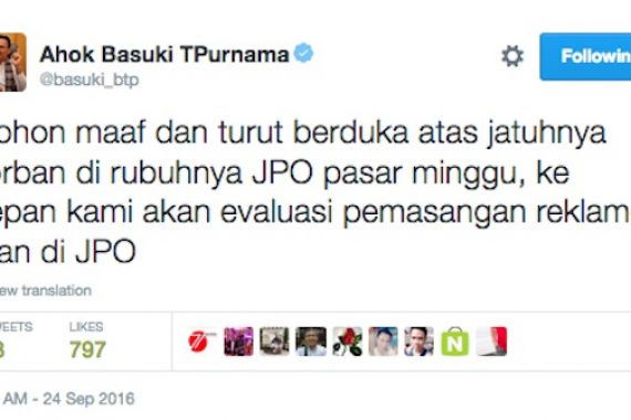 JPO Pasar Minggu Roboh, Ahok Minta Maaf di Twitter - JPNN.COM